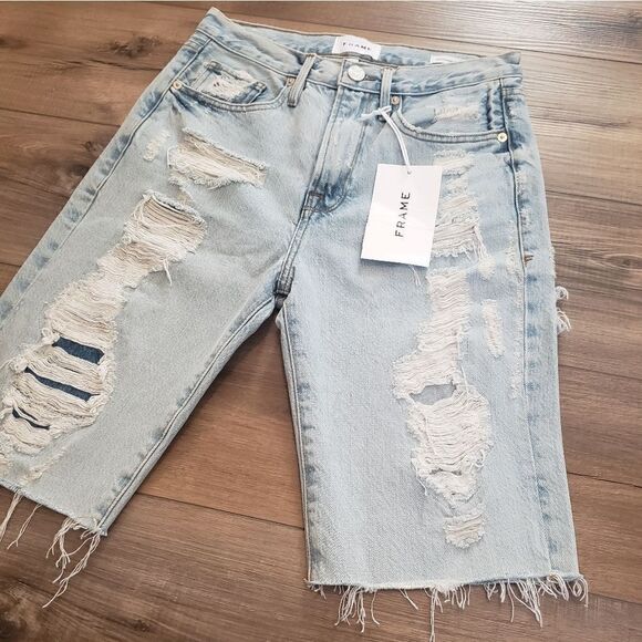 Frame Le Vintage Bermuda Distressed Denim Shorts In Drenched Size 24 NWT - Picture 12 of 16